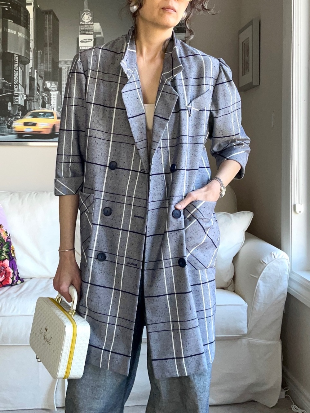 Vintage check double breasted long blazer/blazer dress